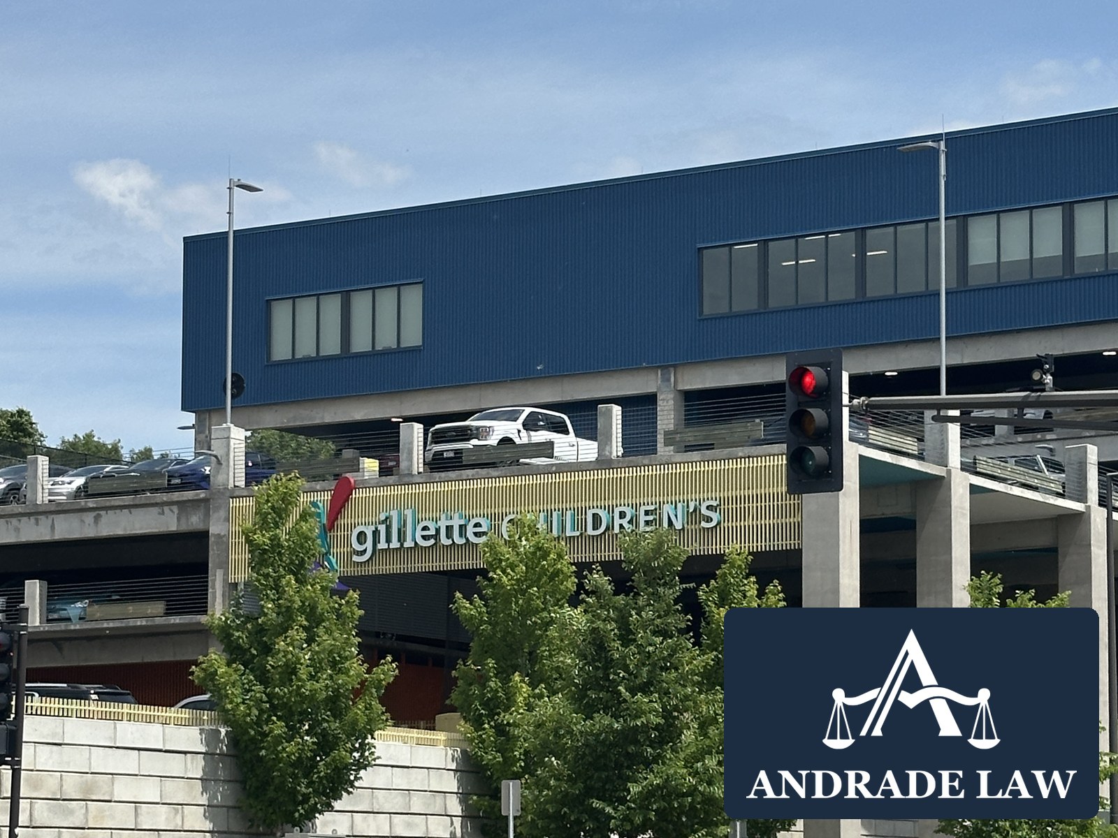 Gillette Children's hospital exterior with Andrade Law branding