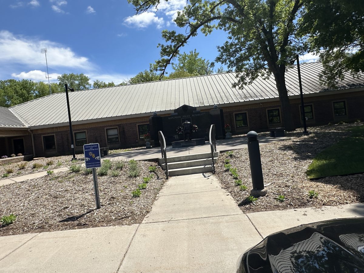 Front walkway and landscaping at Maplewood City Hall, home of the Maplewood Police Department, with the Maplewood Police Memorial on the front plaza