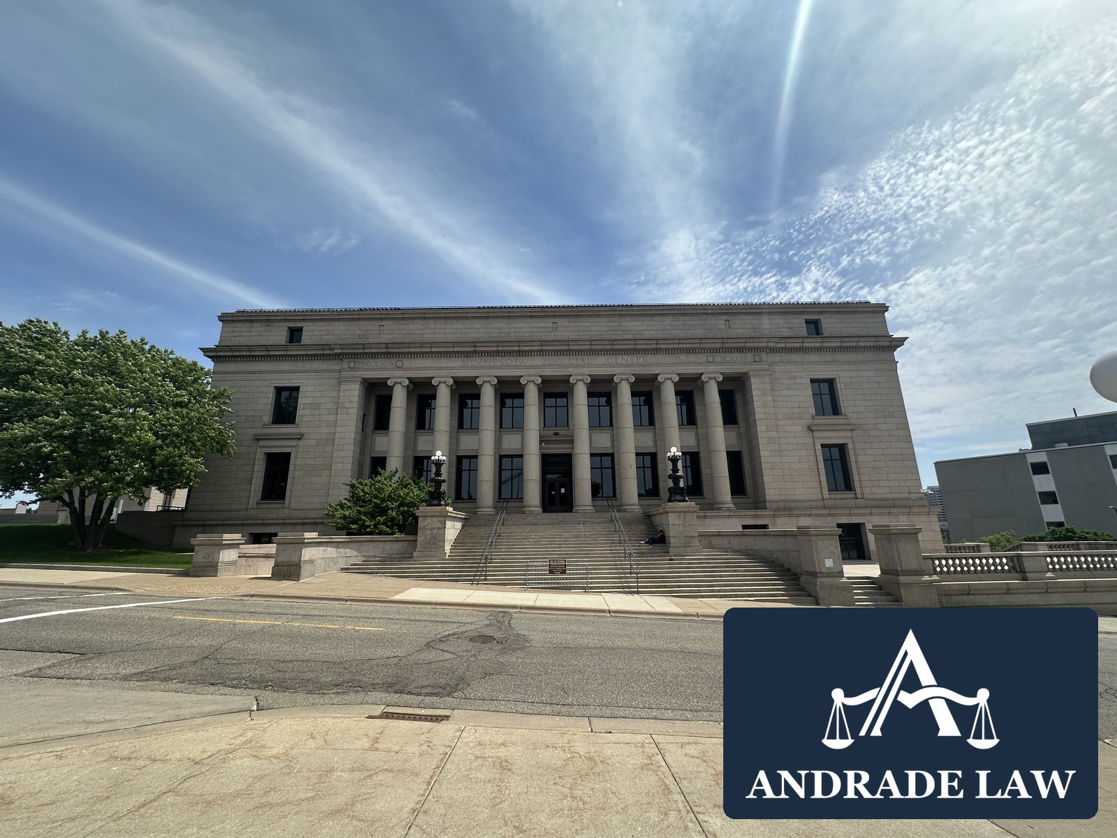 Minnesota Judicial Center in Saint Paul with Andrade Law branding