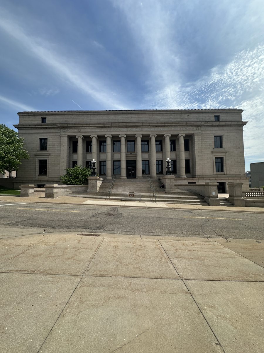 Exterior of the Minnesota Judicial Center in Saint Paul, Minnesota, which joins the 1918 Minnesota Historical Society building with a 1990 rear addition