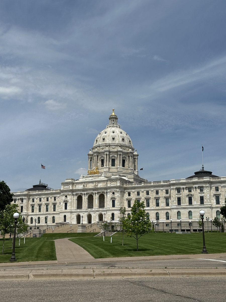 Minnesota State Capitol at 75 Rev. Dr. Martin Luther King Jr. Boulevard in Saint Paul, Minnesota, from the front walk of the Capitol Mall