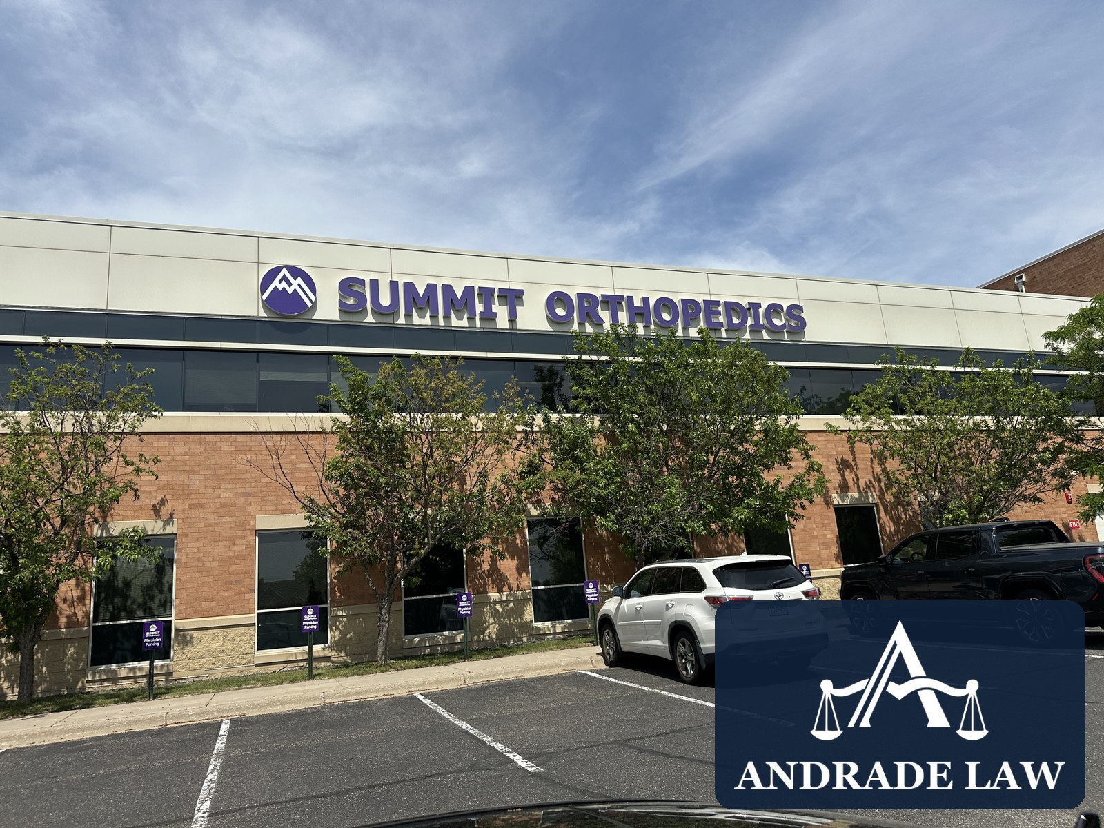 Summit Orthopedics Woodbury – Woodlake Center in Woodbury, Minnesota, with Andrade Law branding overlay