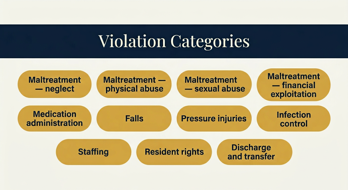 Category diagram mapping the eleven Minnesota nursing home violation categories tracked under state and federal oversight