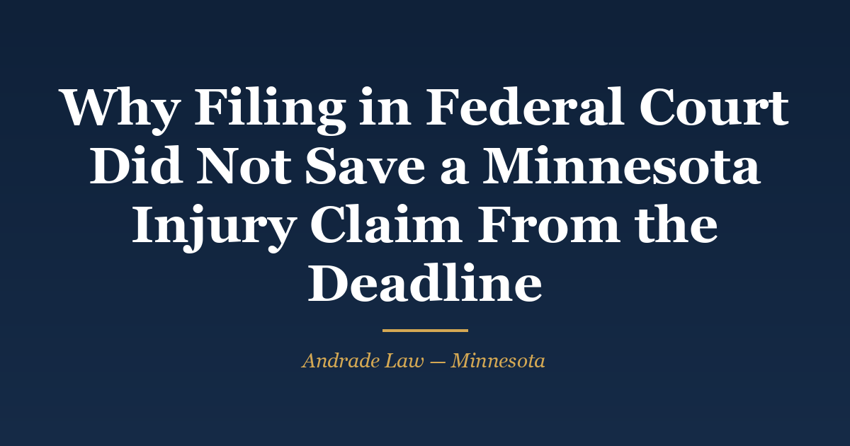 Ruling card: Blackwell v. Cub Foods, Minnesota Court of Appeals docket A26-0093, affirmed — a federal filing did not toll Minnesota's injury-claim deadlines because the action was never properly commenced under state service rules. Andrade Law MN Injury Case Watch.
