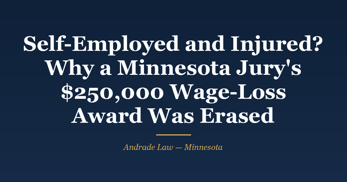 Ruling card: Kissner v. Farm Bureau, Minnesota Court of Appeals docket A25-1824, affirmed — a $250,000 wage-loss award was reduced to zero for lack of financial proof, while prejudgment interest preserved UIM coverage. Andrade Law MN Injury Case Watch.