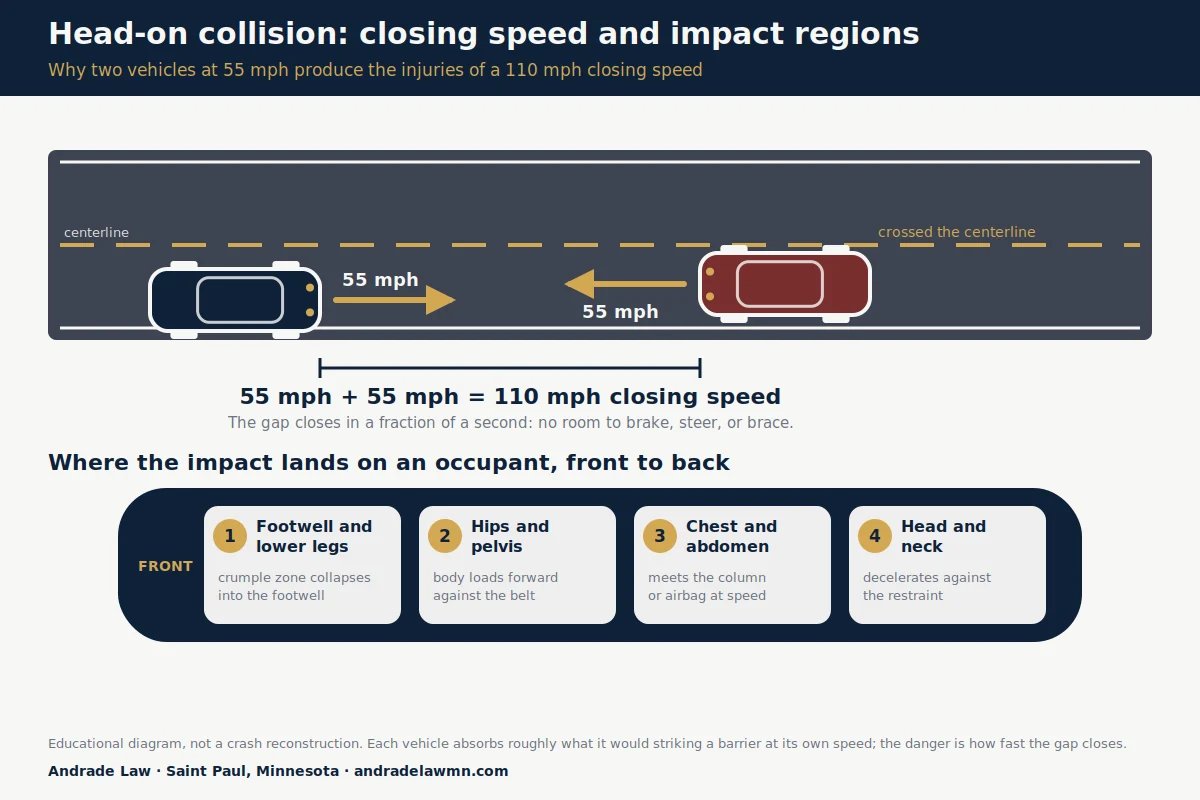 Head-on collision explainer: two vehicles closing at a combined 110 miles per hour on a two-lane road, and the four body regions that absorb the impact